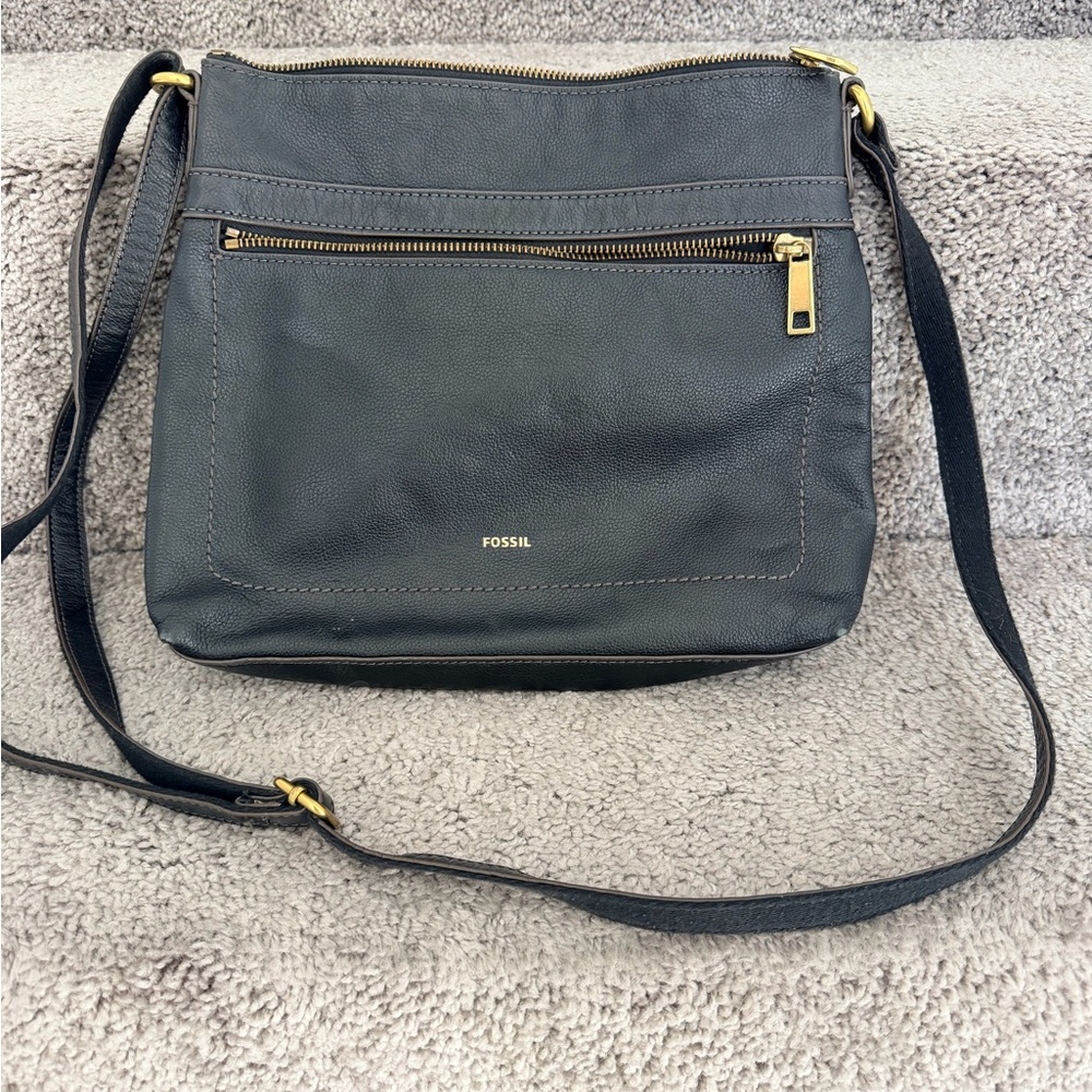 Fossil Dark Gray Crossbody Bag with Gold Accents